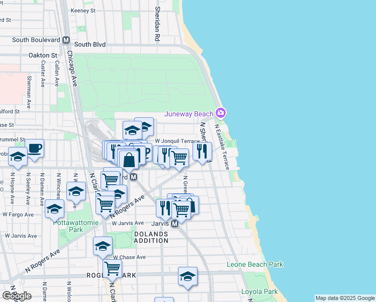 map of restaurants, bars, coffee shops, grocery stores, and more near 7635 North Greenview Avenue in Chicago