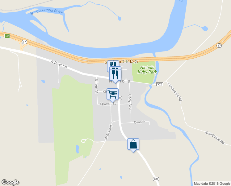 map of restaurants, bars, coffee shops, grocery stores, and more near 91 South Main Street in Nichols