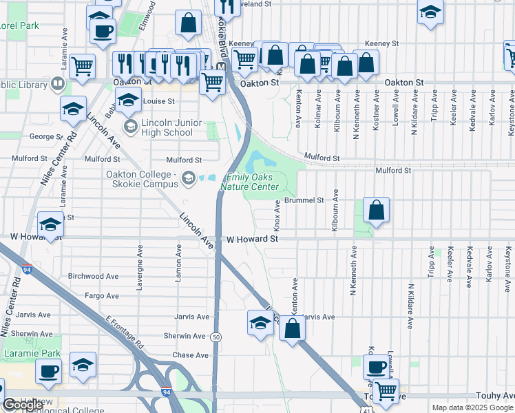 map of restaurants, bars, coffee shops, grocery stores, and more near 4675 Brummel Street in Skokie