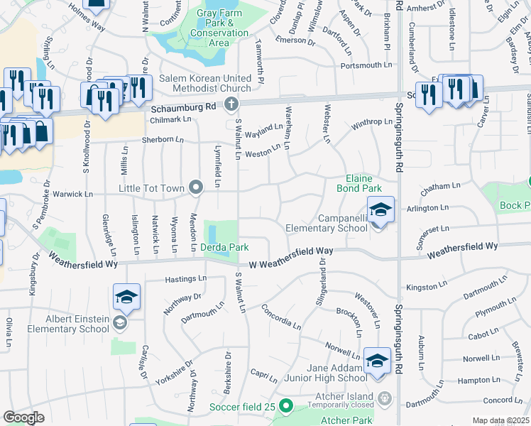 map of restaurants, bars, coffee shops, grocery stores, and more near 227 Whittier Court in Schaumburg