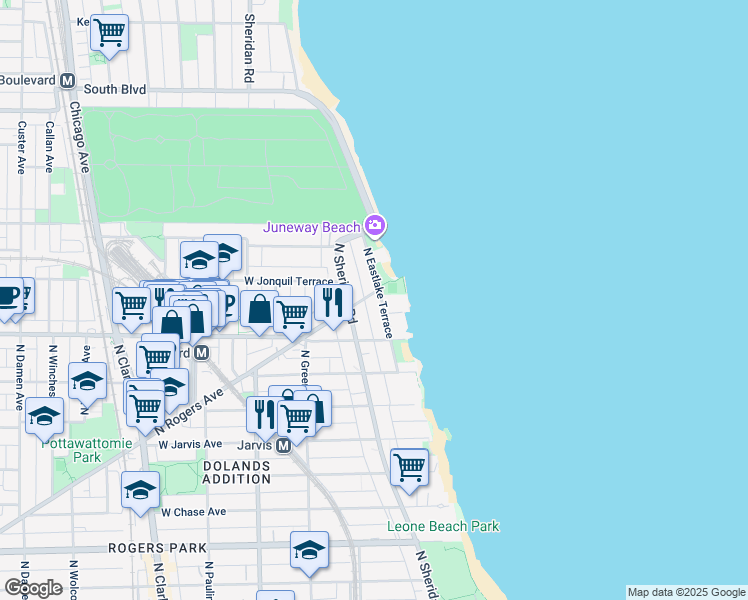 map of restaurants, bars, coffee shops, grocery stores, and more near 7657 North Sheridan Road in Chicago