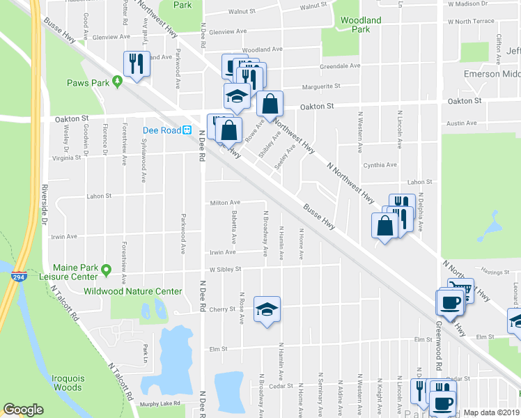 map of restaurants, bars, coffee shops, grocery stores, and more near 720 North Broadway Avenue in Park Ridge