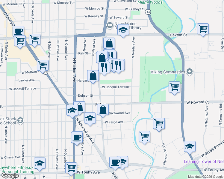 map of restaurants, bars, coffee shops, grocery stores, and more near 7000 West Jonquil Terrace in Niles
