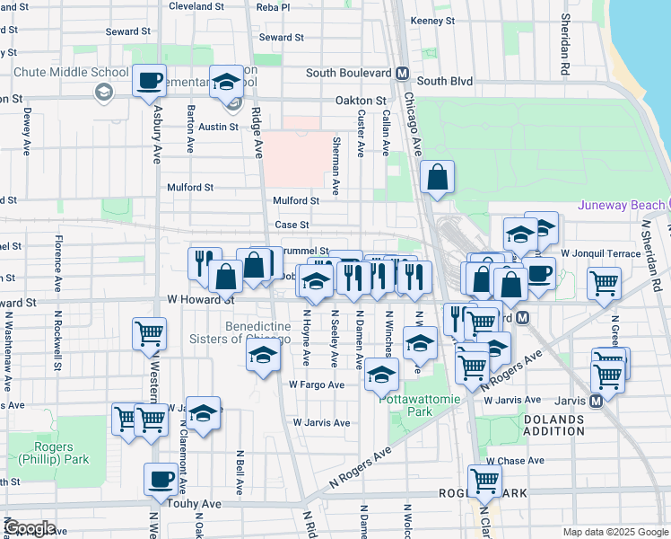 map of restaurants, bars, coffee shops, grocery stores, and more near 723 Dobson Street in Evanston