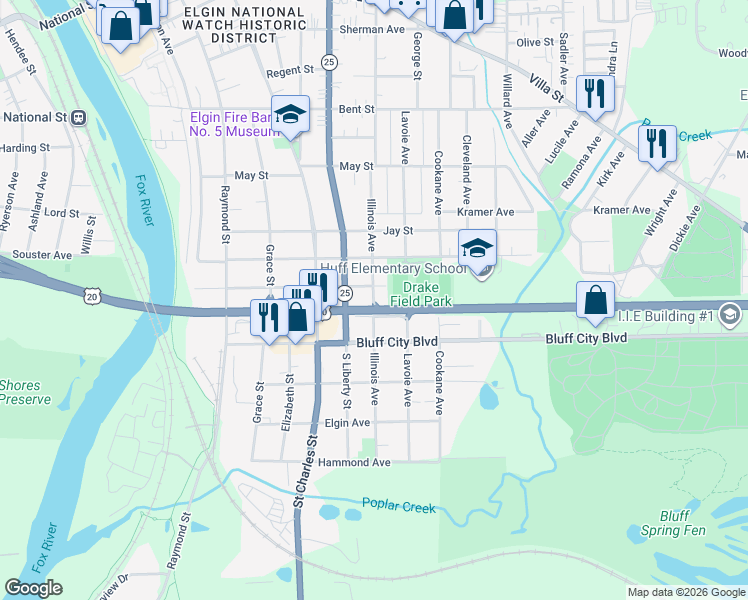 map of restaurants, bars, coffee shops, grocery stores, and more near 783 Illinois Avenue in Elgin