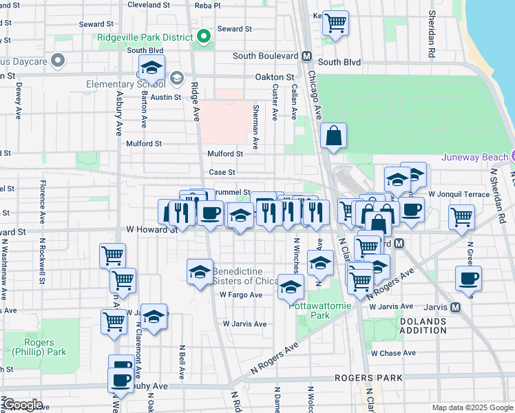 map of restaurants, bars, coffee shops, grocery stores, and more near 712 Brummel Street in Evanston