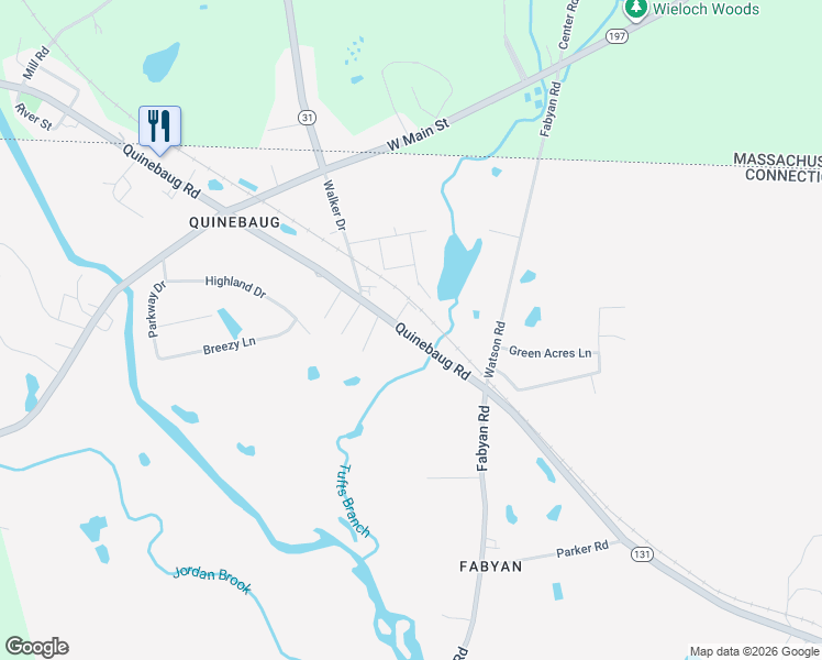 map of restaurants, bars, coffee shops, grocery stores, and more near 645 Quinebaug Road in Thompson