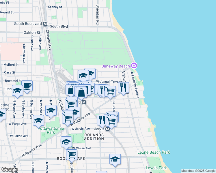 map of restaurants, bars, coffee shops, grocery stores, and more near 7643 North Bosworth Avenue in Chicago