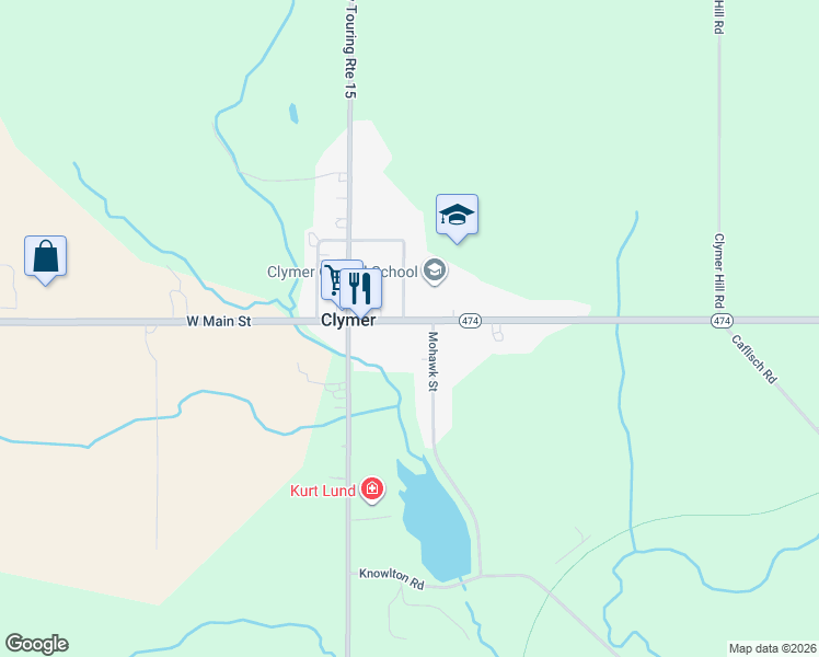 map of restaurants, bars, coffee shops, grocery stores, and more near 8695 West Main Street in Clymer