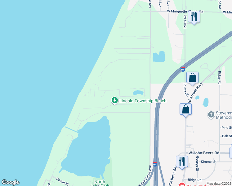map of restaurants, bars, coffee shops, grocery stores, and more near Chalets in Stevensville