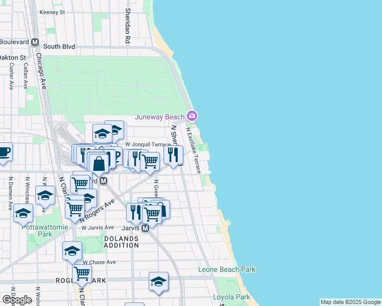 map of restaurants, bars, coffee shops, grocery stores, and more near 7657 North Sheridan Road in Chicago