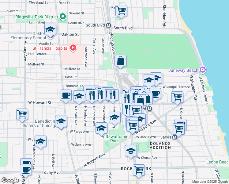 map of restaurants, bars, coffee shops, grocery stores, and more near 142 Clyde Avenue in Evanston