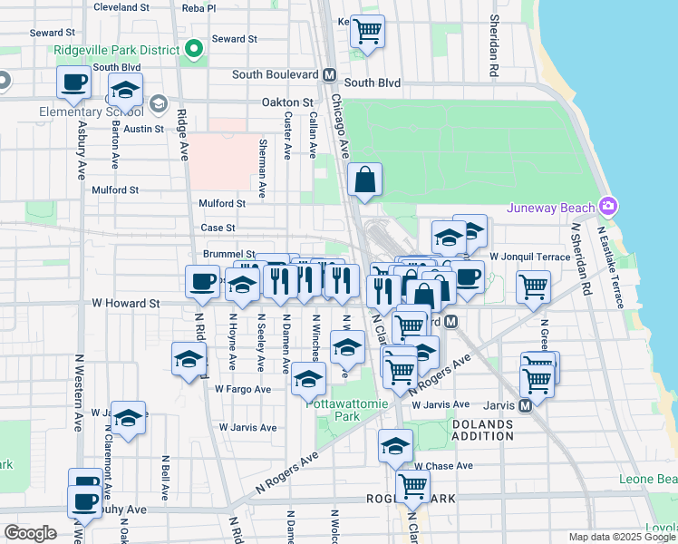 map of restaurants, bars, coffee shops, grocery stores, and more near 142 Clyde Avenue in Evanston
