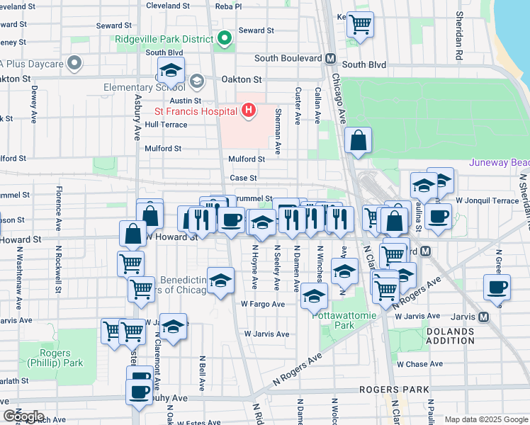 map of restaurants, bars, coffee shops, grocery stores, and more near 144 Elmwood Avenue in Evanston