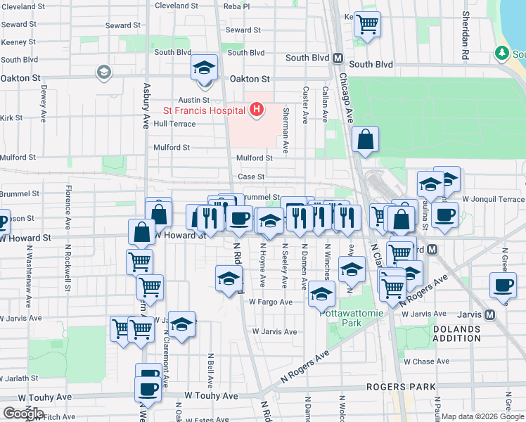 map of restaurants, bars, coffee shops, grocery stores, and more near 144 Elmwood Avenue in Evanston