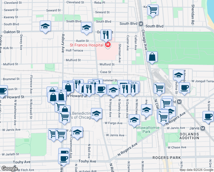 map of restaurants, bars, coffee shops, grocery stores, and more near 824 Brummel Street in Evanston