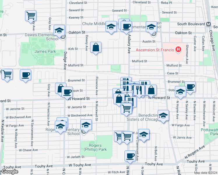 map of restaurants, bars, coffee shops, grocery stores, and more near 139 Ashland Avenue in Evanston