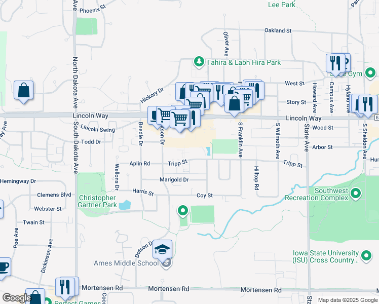 map of restaurants, bars, coffee shops, grocery stores, and more near 3709 Tripp Street in Ames