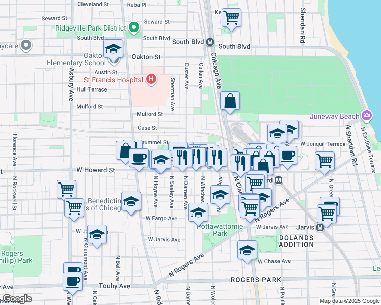 map of restaurants, bars, coffee shops, grocery stores, and more near 148 Callan Avenue in Evanston