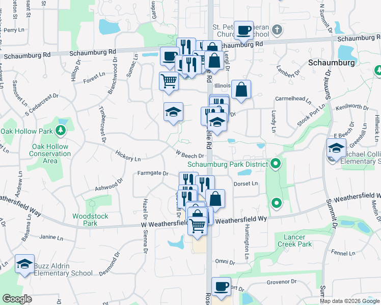 map of restaurants, bars, coffee shops, grocery stores, and more near 22 West Beech Drive in Schaumburg