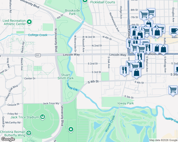 map of restaurants, bars, coffee shops, grocery stores, and more near 213 South Hazel Avenue in Ames