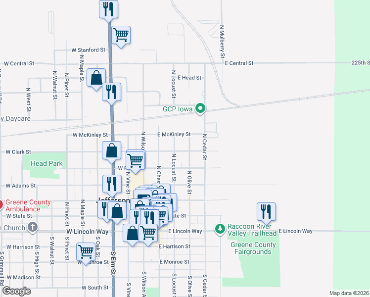 map of restaurants, bars, coffee shops, grocery stores, and more near 606 North Olive Street in Jefferson