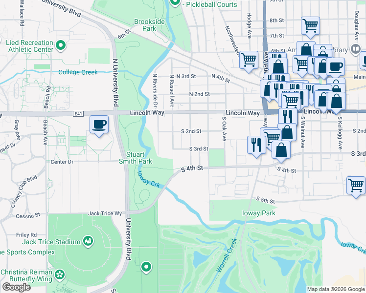 map of restaurants, bars, coffee shops, grocery stores, and more near 213 South Hazel Avenue in Ames