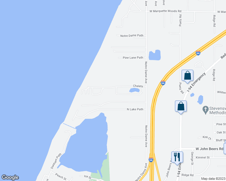 map of restaurants, bars, coffee shops, grocery stores, and more near Chalets in Stevensville
