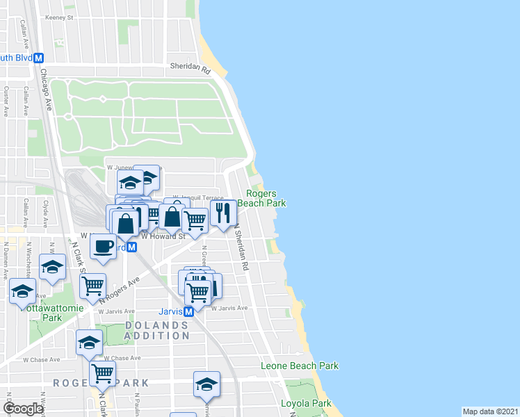 map of restaurants, bars, coffee shops, grocery stores, and more near 7649 North Eastlake Terrace in Chicago