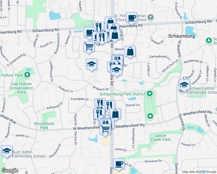 map of restaurants, bars, coffee shops, grocery stores, and more near 4 West Beech Drive in Schaumburg