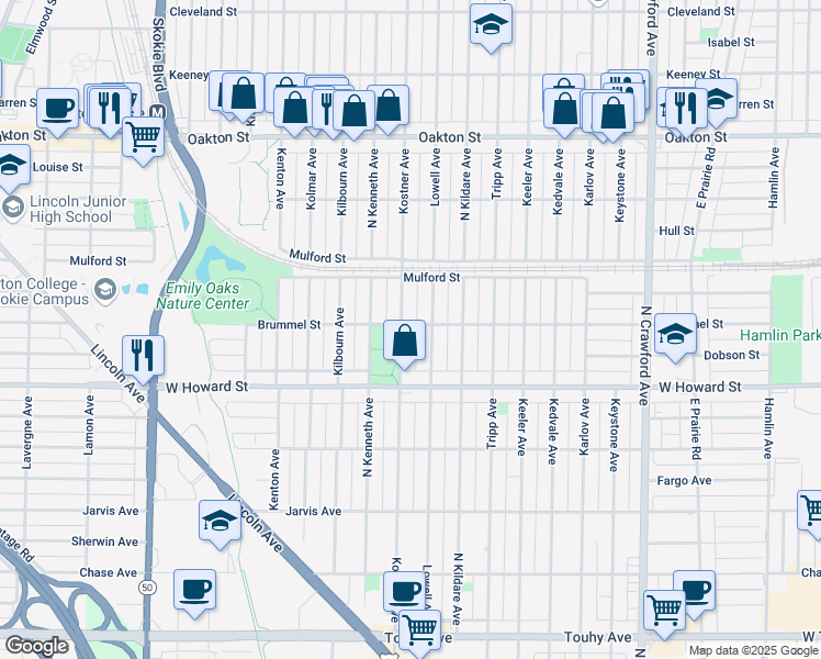 map of restaurants, bars, coffee shops, grocery stores, and more near 7701 Kostner Avenue in Skokie