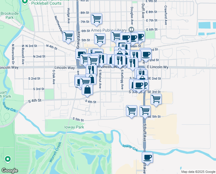 map of restaurants, bars, coffee shops, grocery stores, and more near 225 Washington Avenue in Ames