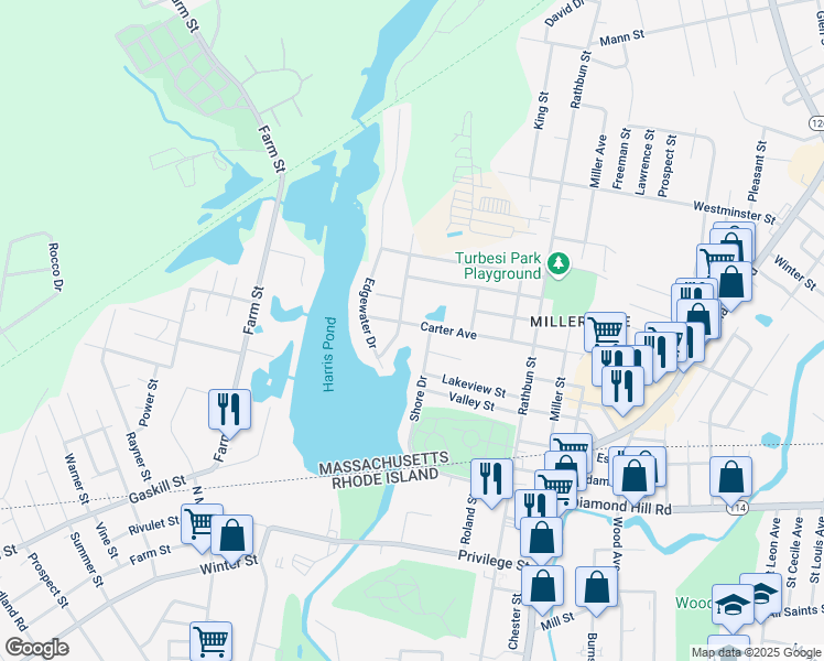 map of restaurants, bars, coffee shops, grocery stores, and more near 44 Carter Avenue in Blackstone