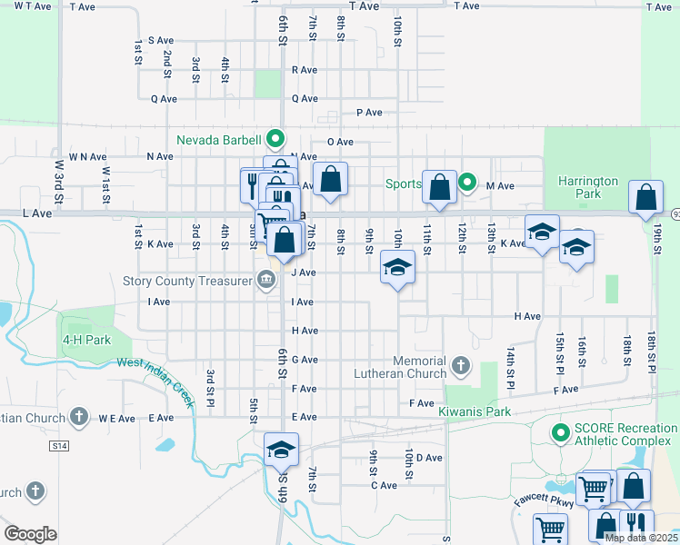 map of restaurants, bars, coffee shops, grocery stores, and more near 799 J Avenue in Nevada
