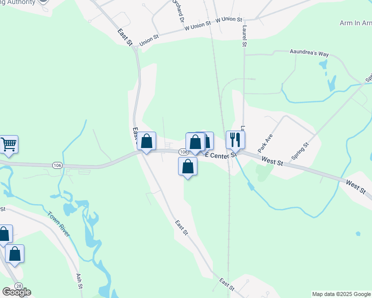 map of restaurants, bars, coffee shops, grocery stores, and more near 441 East Center Street in West Bridgewater