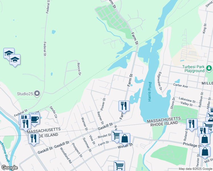 map of restaurants, bars, coffee shops, grocery stores, and more near 6 Lewiston Street in Blackstone