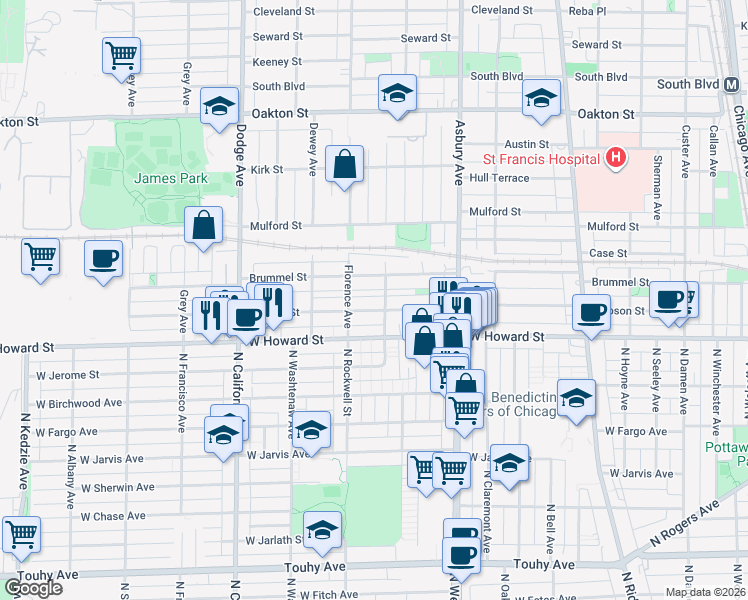 map of restaurants, bars, coffee shops, grocery stores, and more near 139 Florence Avenue in Evanston