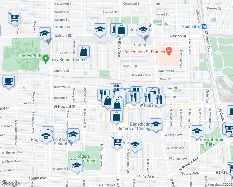 map of restaurants, bars, coffee shops, grocery stores, and more near 139 Asbury Avenue in Evanston