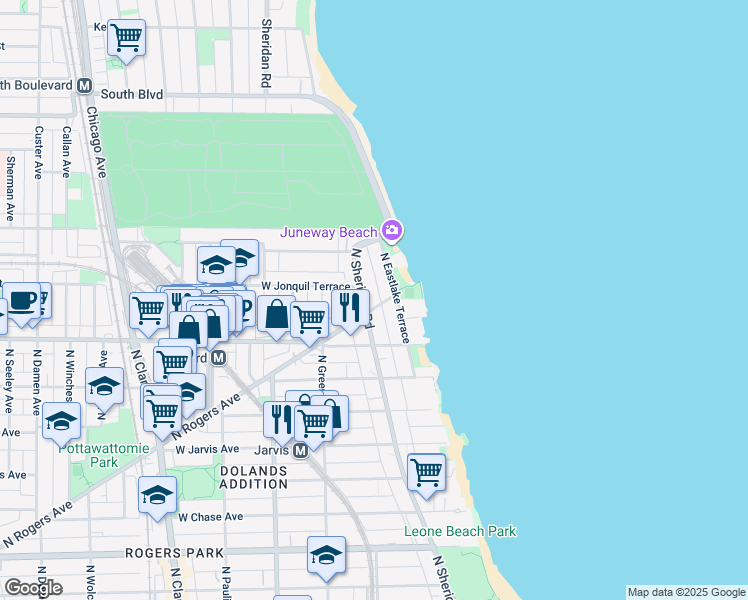 map of restaurants, bars, coffee shops, grocery stores, and more near 7657 North Sheridan Road in Chicago