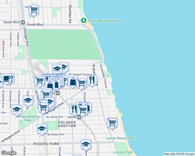 map of restaurants, bars, coffee shops, grocery stores, and more near 7645 North Sheridan Road in Chicago