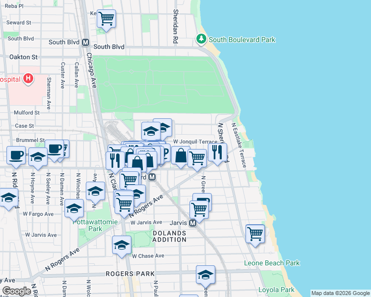 map of restaurants, bars, coffee shops, grocery stores, and more near 7655 North Ashland Avenue in Chicago