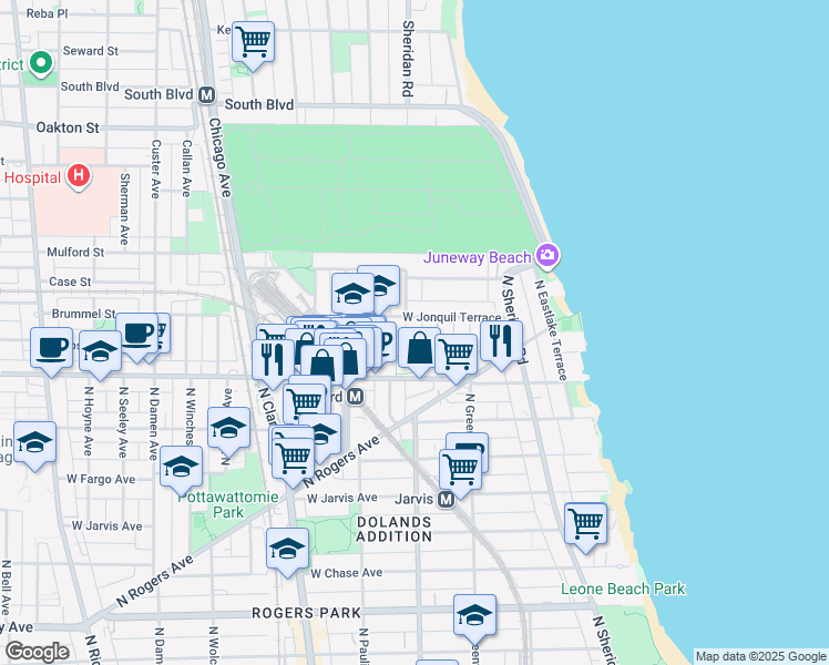 map of restaurants, bars, coffee shops, grocery stores, and more near 7655 North Ashland Avenue in Chicago
