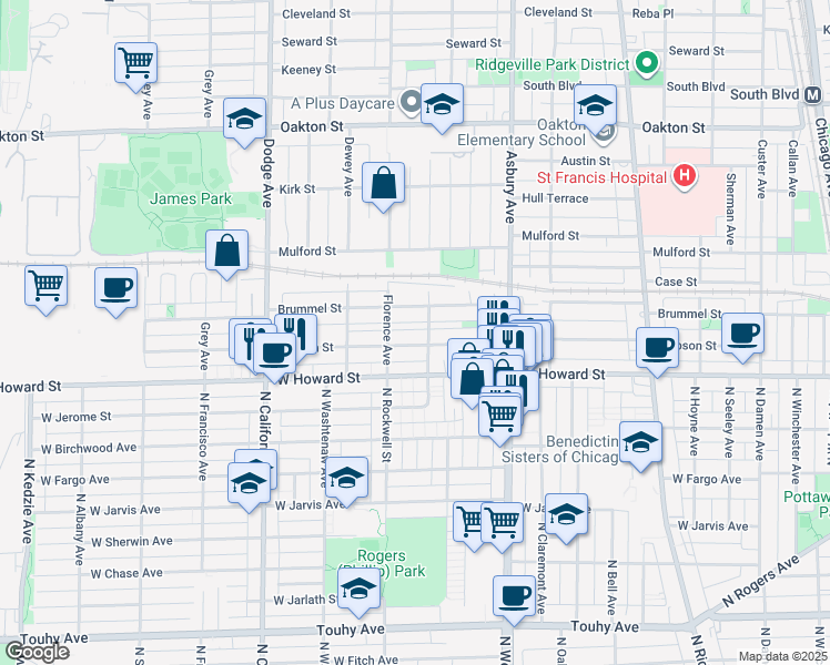 map of restaurants, bars, coffee shops, grocery stores, and more near 139 Florence Avenue in Evanston
