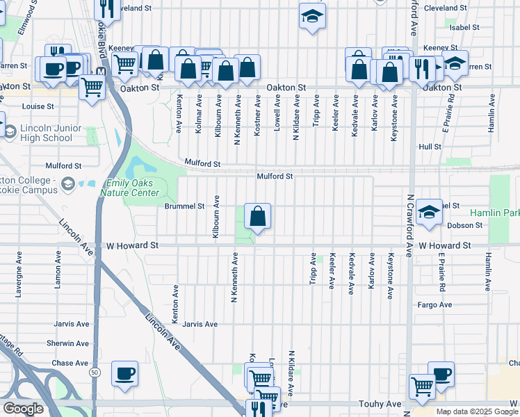 map of restaurants, bars, coffee shops, grocery stores, and more near 7701 Kostner Avenue in Skokie