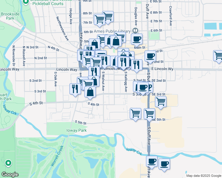 map of restaurants, bars, coffee shops, grocery stores, and more near 218 South Walnut Avenue in Ames