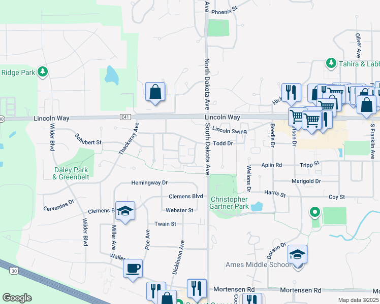 map of restaurants, bars, coffee shops, grocery stores, and more near 4510 Todd Drive in Ames