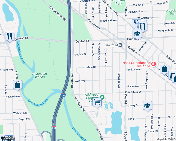 map of restaurants, bars, coffee shops, grocery stores, and more near 744 Goodwin Drive in Park Ridge