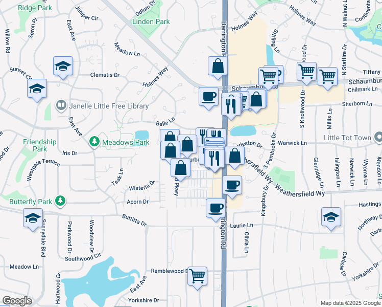 map of restaurants, bars, coffee shops, grocery stores, and more near 225 Chesterfield Court in Schaumburg