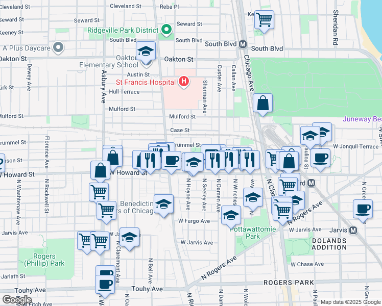 map of restaurants, bars, coffee shops, grocery stores, and more near 144 Elmwood Avenue in Evanston