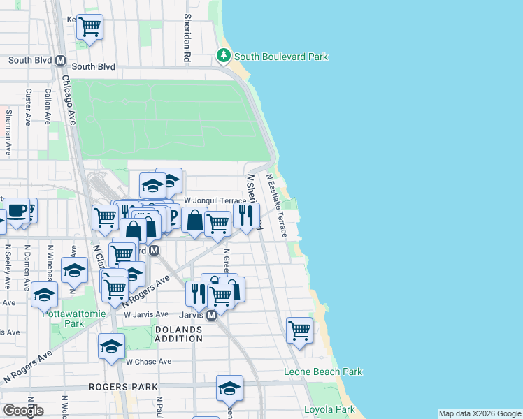 map of restaurants, bars, coffee shops, grocery stores, and more near 7645 North Sheridan Road in Chicago